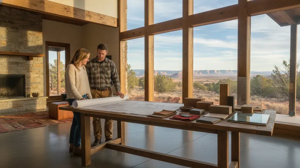 Grand Junction homeowners reviewing a floor plan and finish samples with a home designer