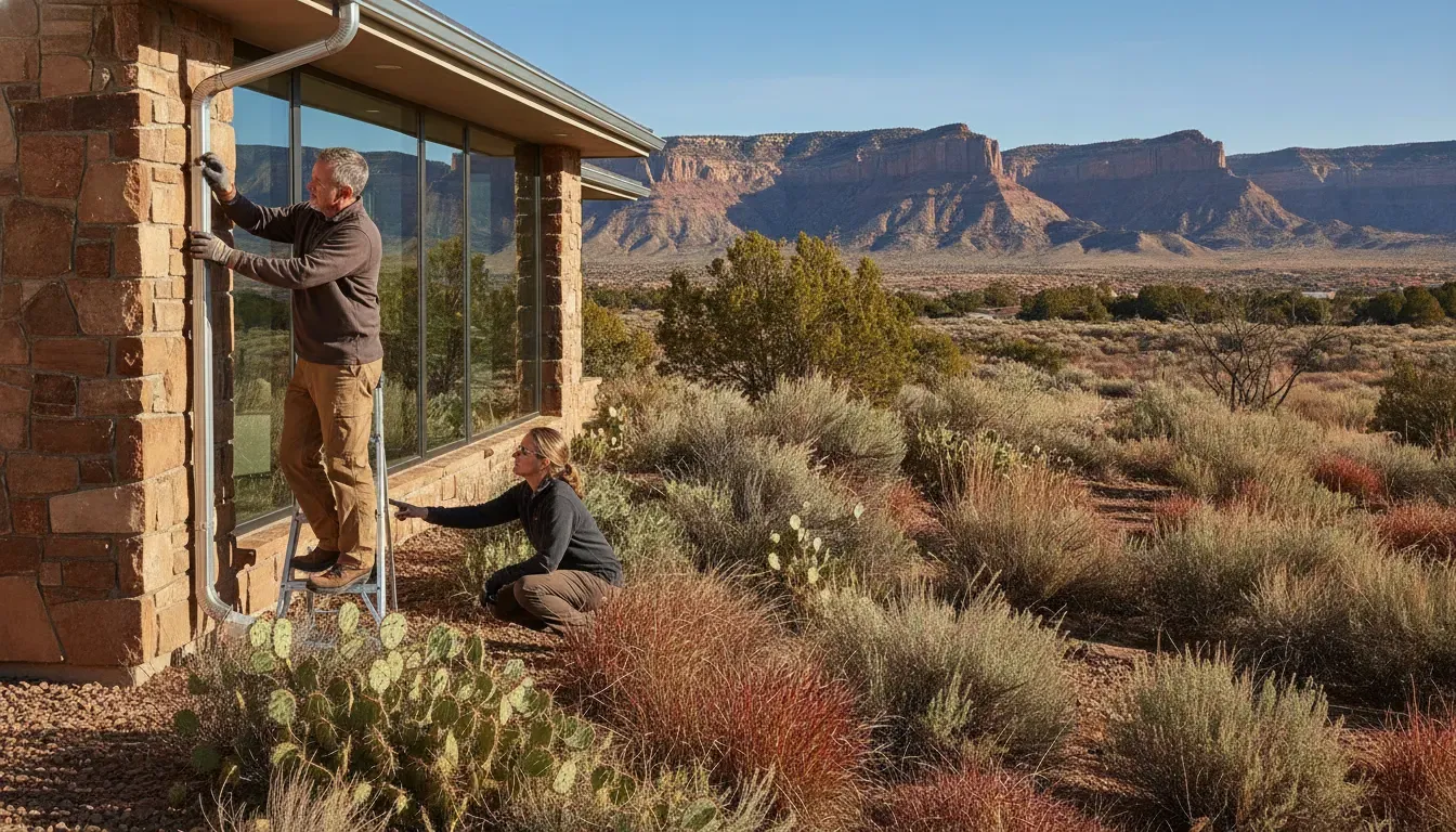 Homeowners checking gutters and drainage around a custom home in Western Colorado