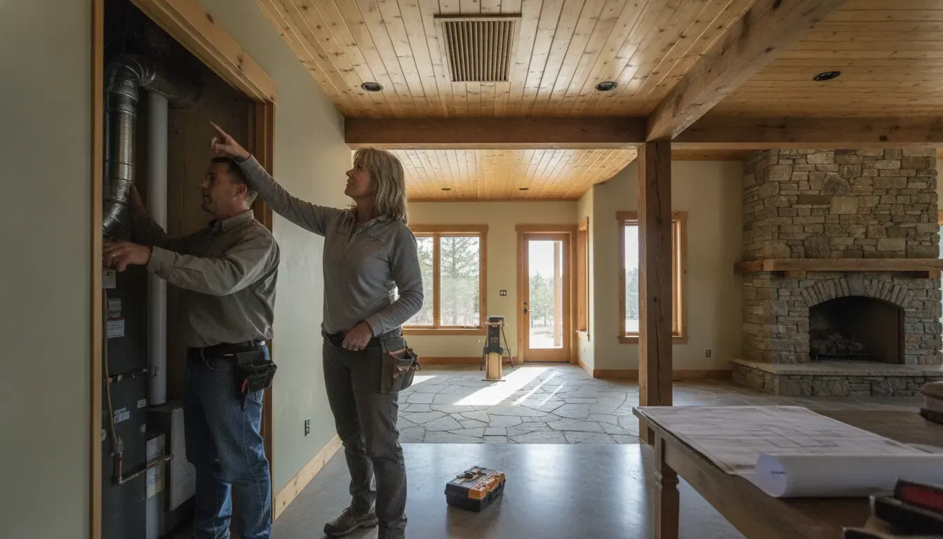 Homeowner and builder reviewing a custom home post-construction maintenance plan during a Western Colorado walkthrough