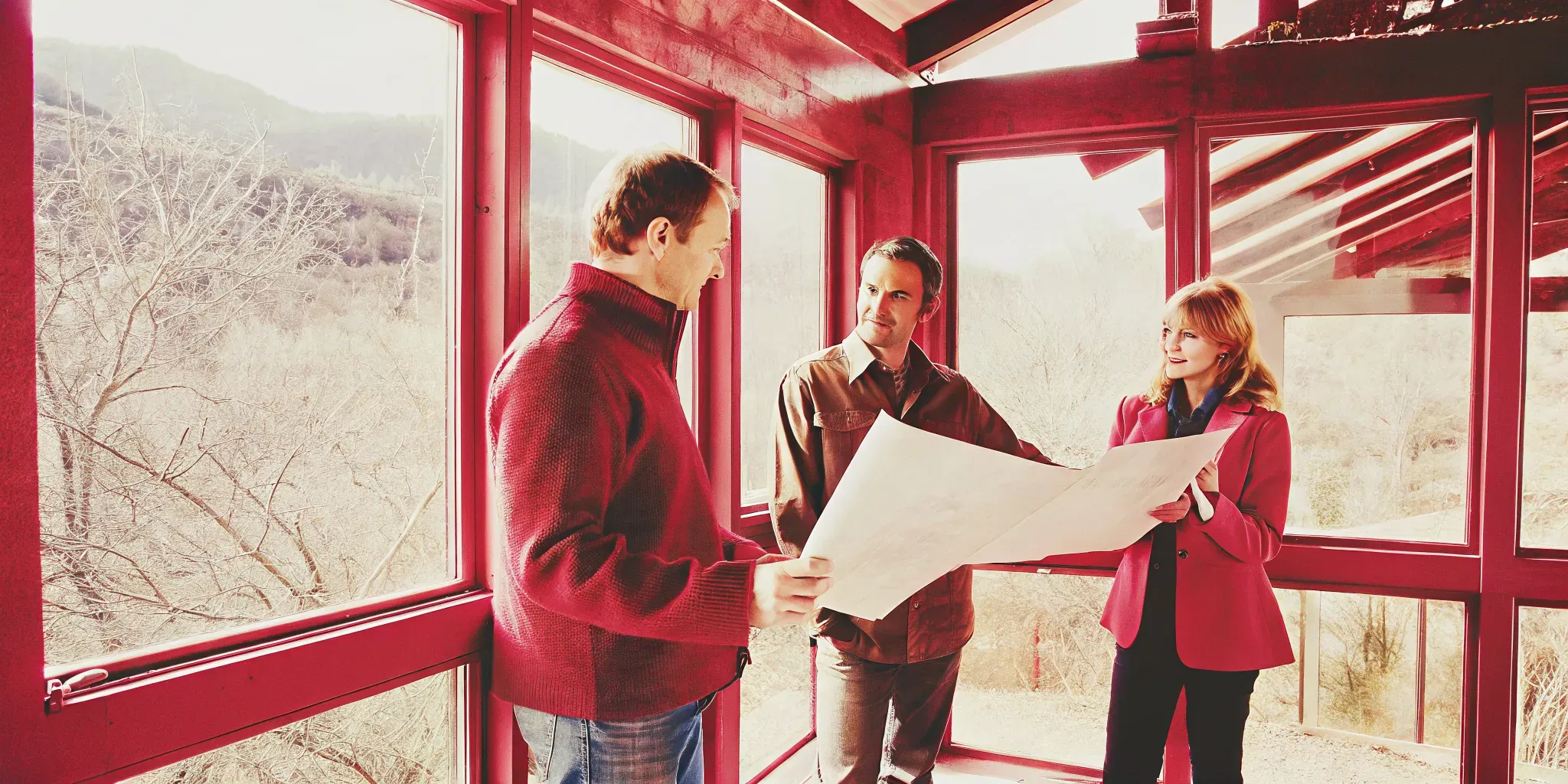 Couple reviewing a custom home floor plan with a builder in a Western Colorado design studio