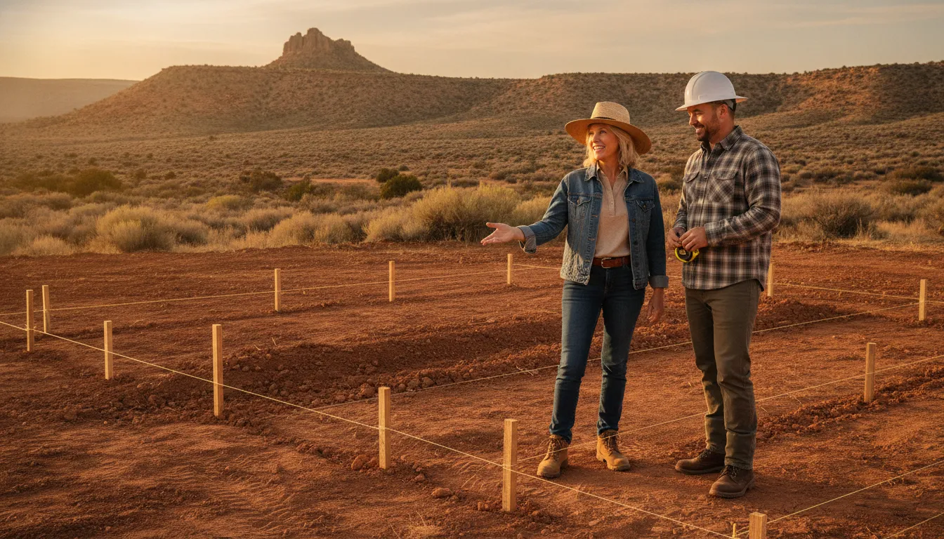 Builder and homeowner reviewing a Western Colorado home building site near Grand Junction