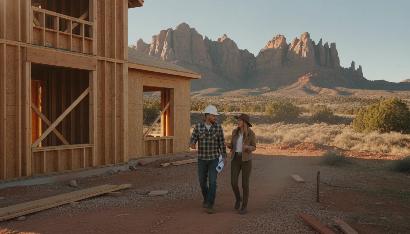 Homeowners reviewing a personalized home layout with a builder