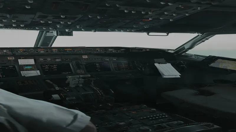 Aircraft cockpit interior with controls panels and instrumentation