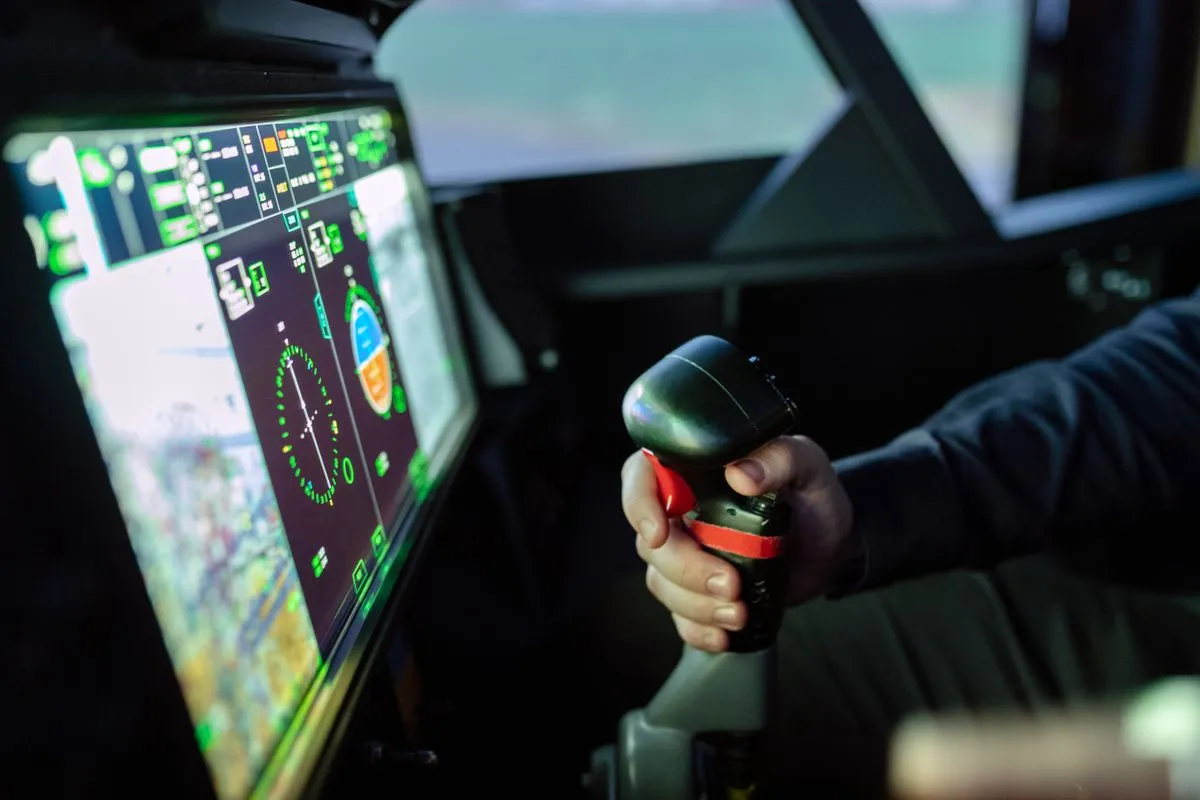 Pilot using controls in a flight simulator