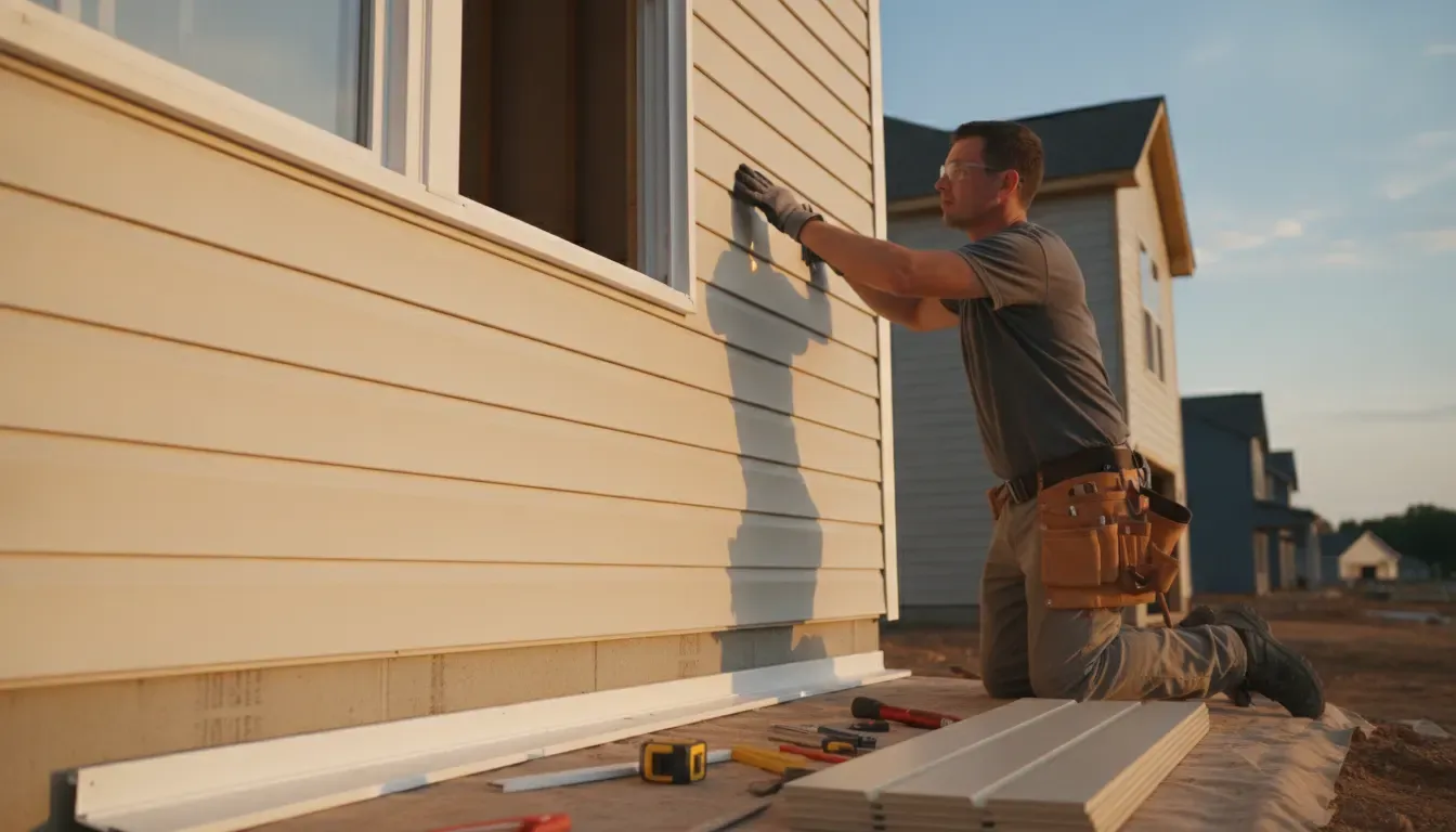 Vinyl siding installer working around a window and exterior trim transition