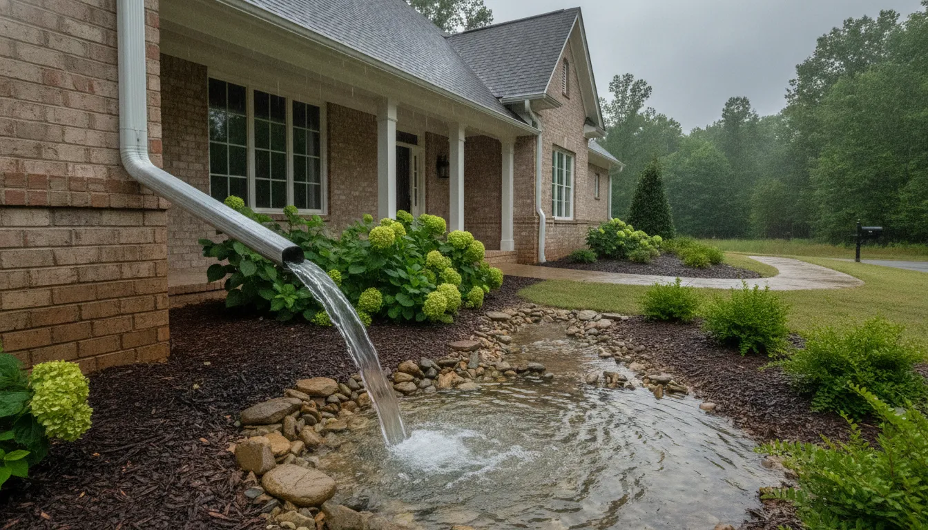 Rainwater moving through a seamless gutter and downspout near a Georgia home