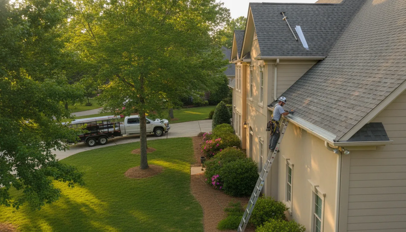 Installer measuring a seamless gutter along a Georgia roofline