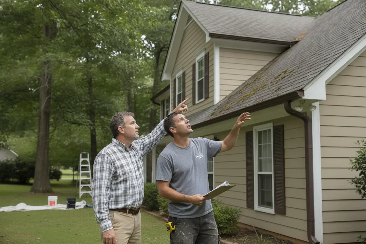 Homeowner and painting contractor reviewing gutters and asphalt shingle roof edges before exterior work