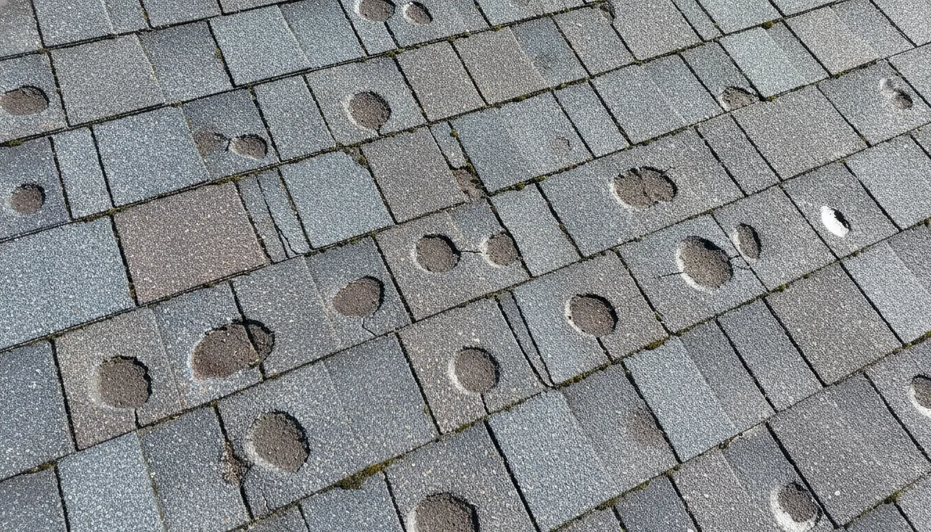 Close-up of residential asphalt shingle roof showing hail damage with visible dents and bruising