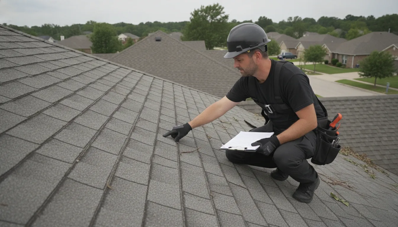 Professional roofing inspector examining a residential roof for storm damage in Georgia