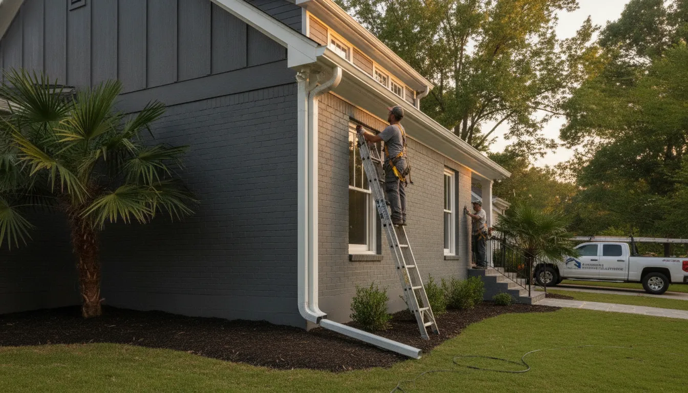 Professional seamless aluminum gutter installation on an Atlanta home with clean white gutters and downspout