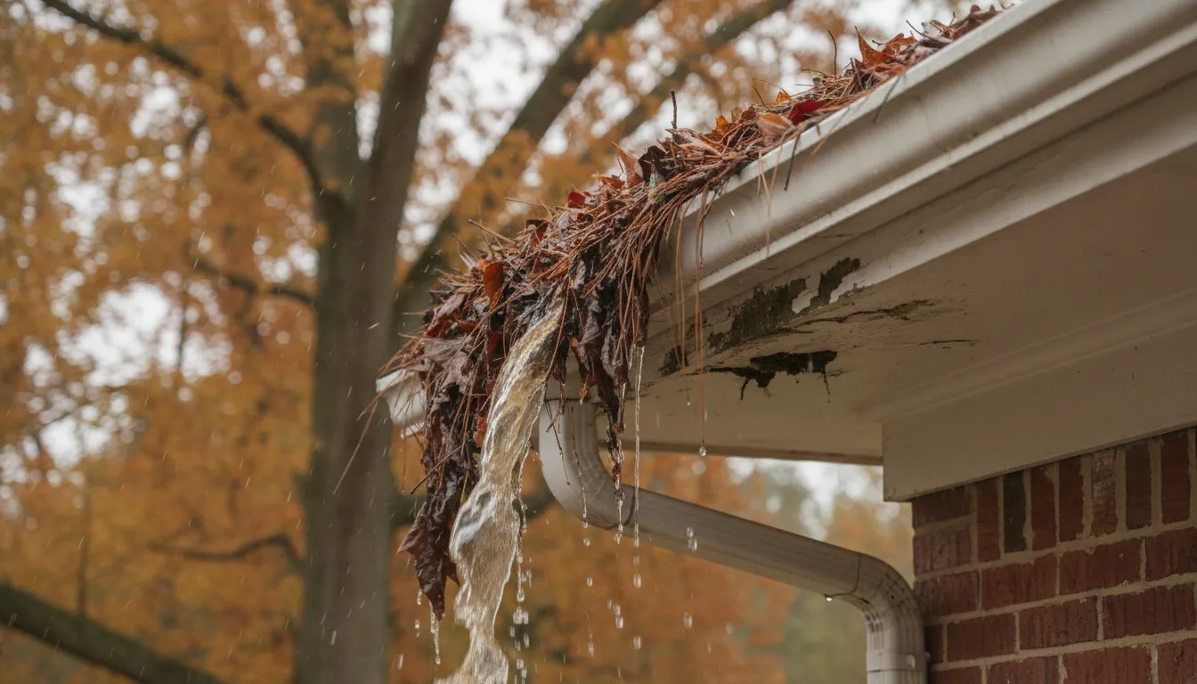 Close-up of clogged gutter with fallen leaves and pine needles on an Atlanta residential home