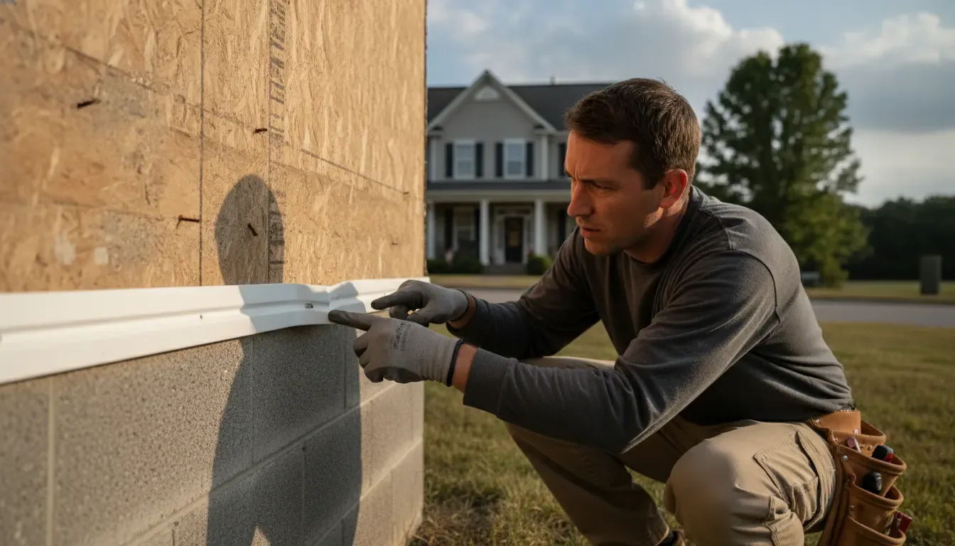 Professional inspecting a vinyl siding starter strip and wall sheathing near a foundation