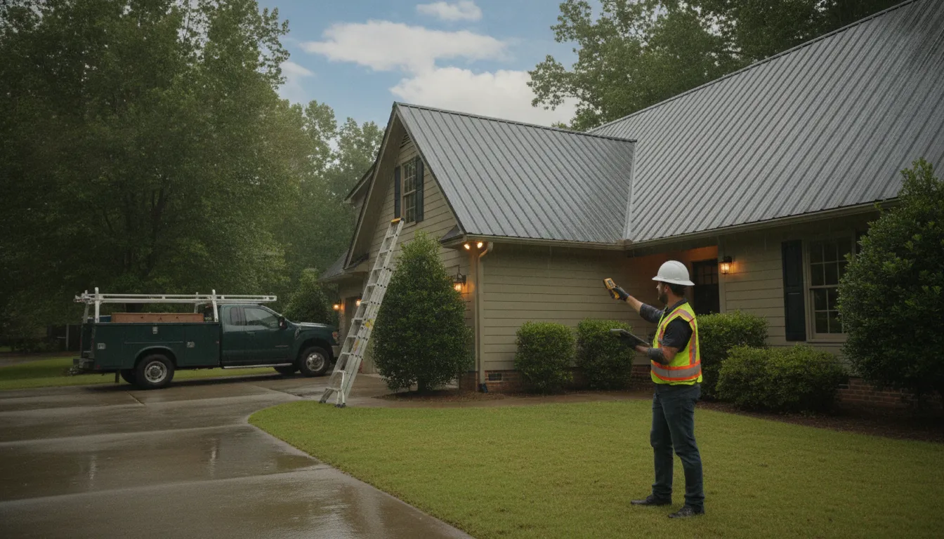 Roofing professional inspecting a metal roof from the ground
