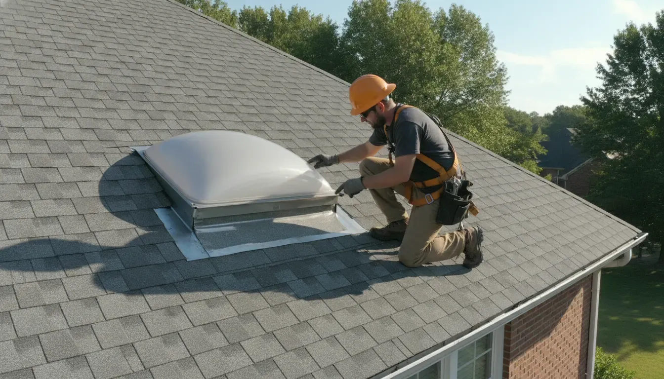Professional roofer checking skylight dome flashing and shingle integration
