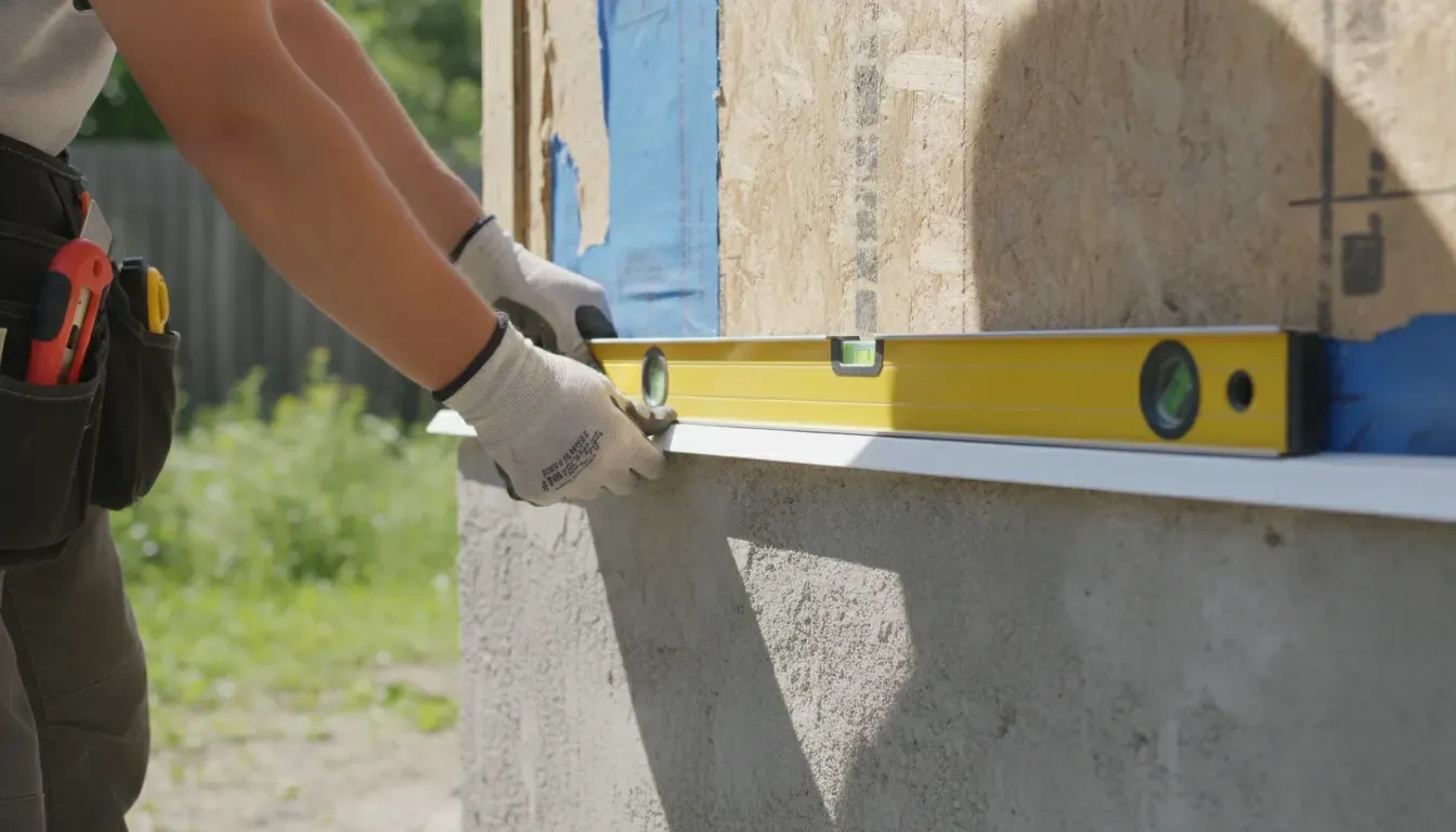 Installer using a level to align a vinyl siding starter strip above a foundation