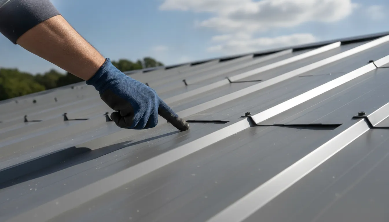 Close-up of overlapping metal roof panels at a seam