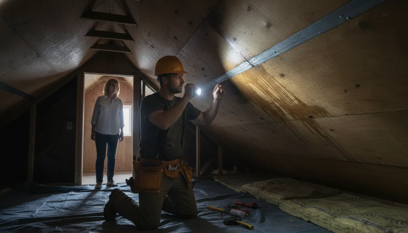 Professional roofer inspecting attic decking and flashing after a Georgia rainstorm