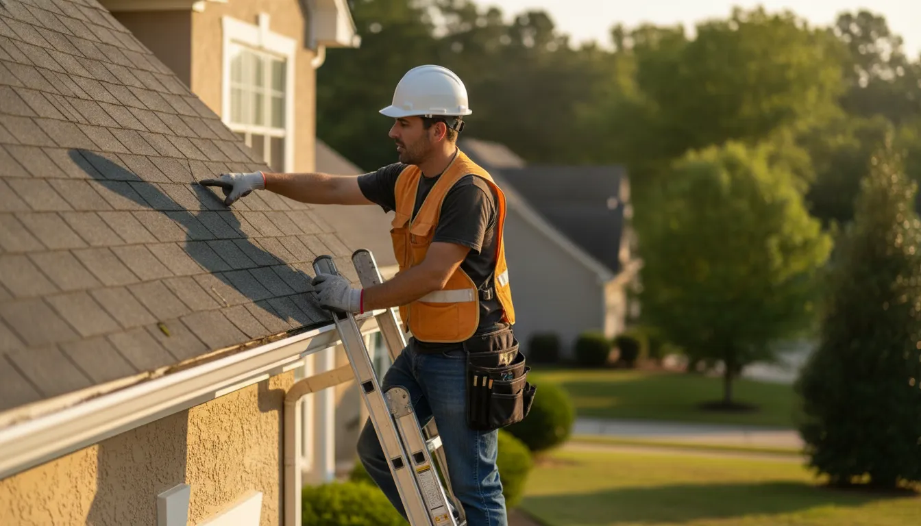 Roofing contractor evaluating asphalt shingles on a Georgia home