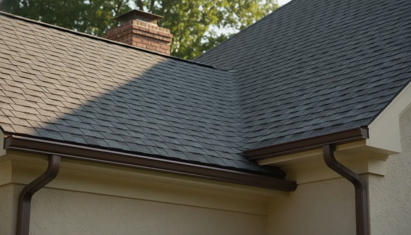 Healthy asphalt shingles and clean roof drainage on a Georgia home