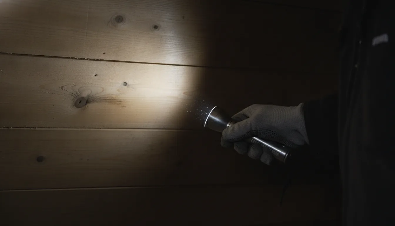 Roofing professional inspecting roof sheathing for moisture damage in a Georgia attic