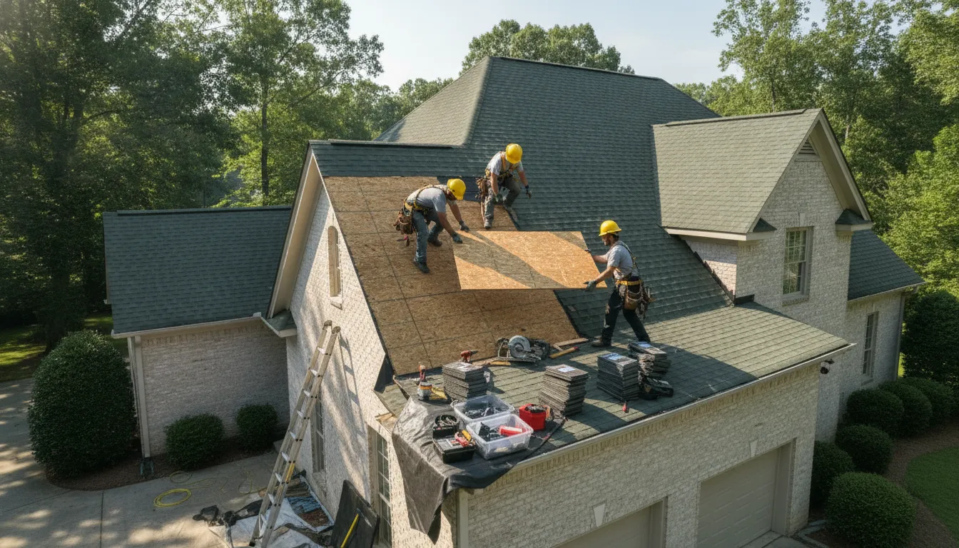 Roofing crew replacing a limited section of damaged roof decking on a Georgia home