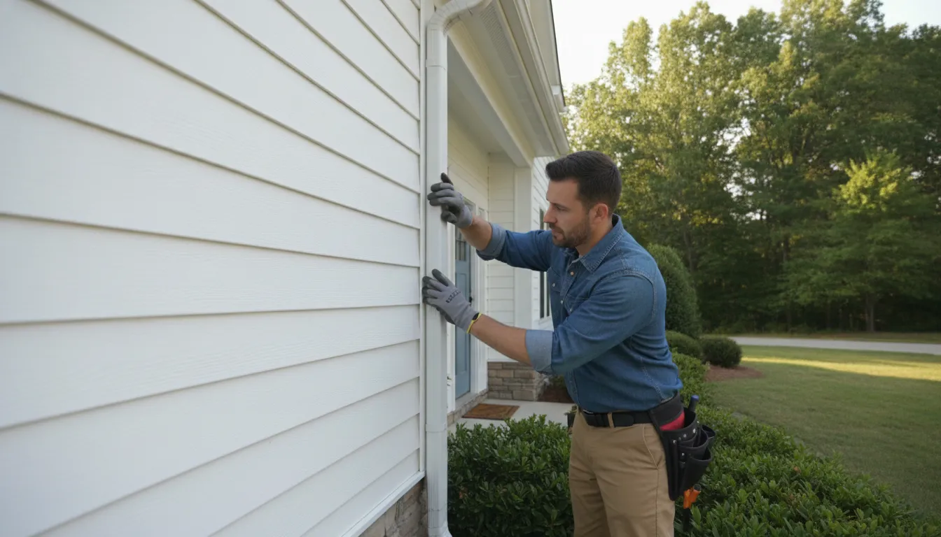 Contractor examining vinyl siding seams and trim on a Georgia home