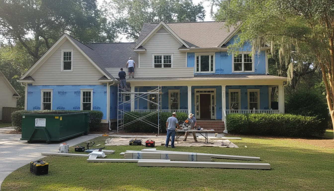 Exterior renovation crew installing vinyl siding on a Georgia home