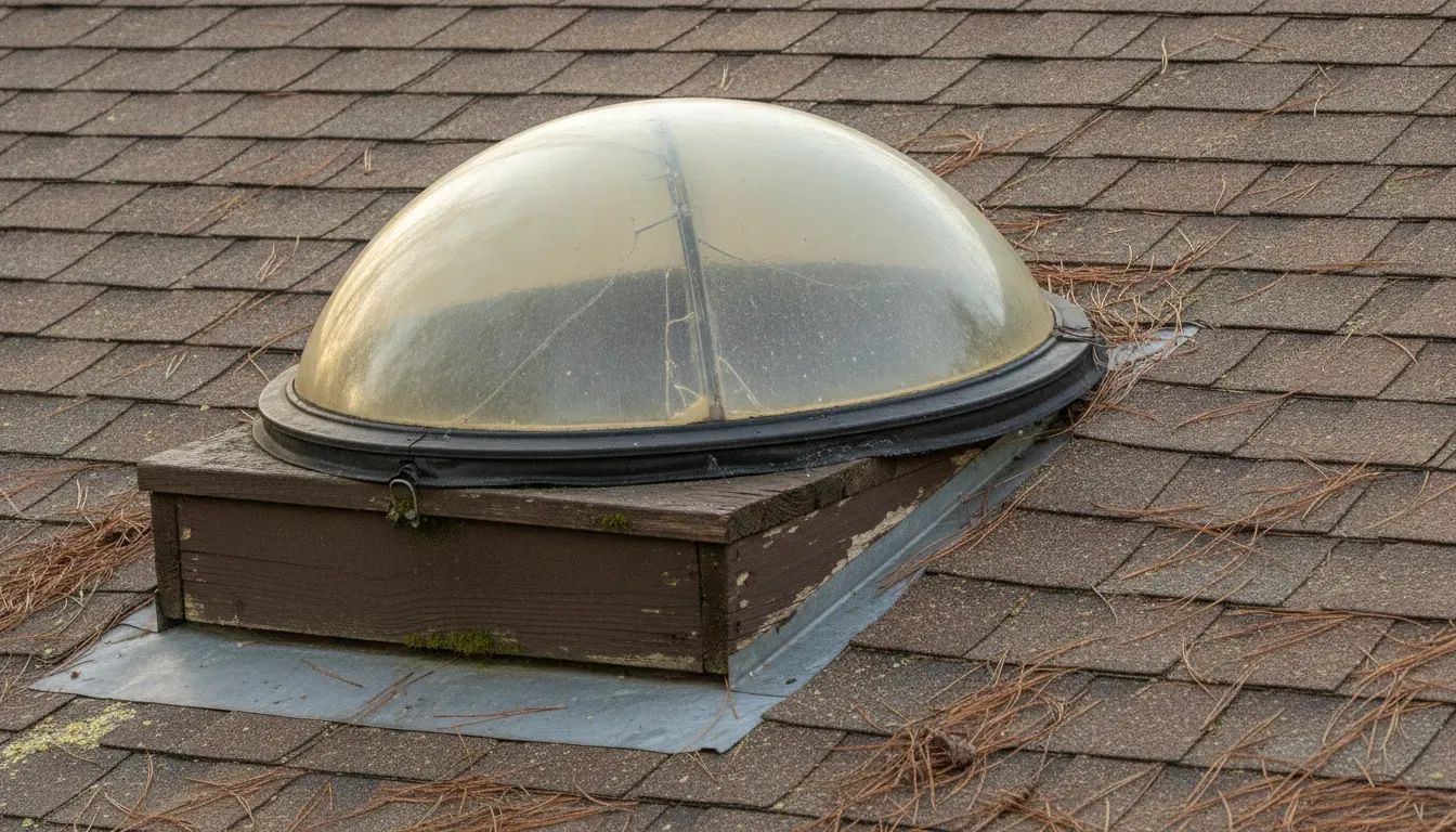 Cracked and hazy acrylic skylight dome with weathered curb and flashing