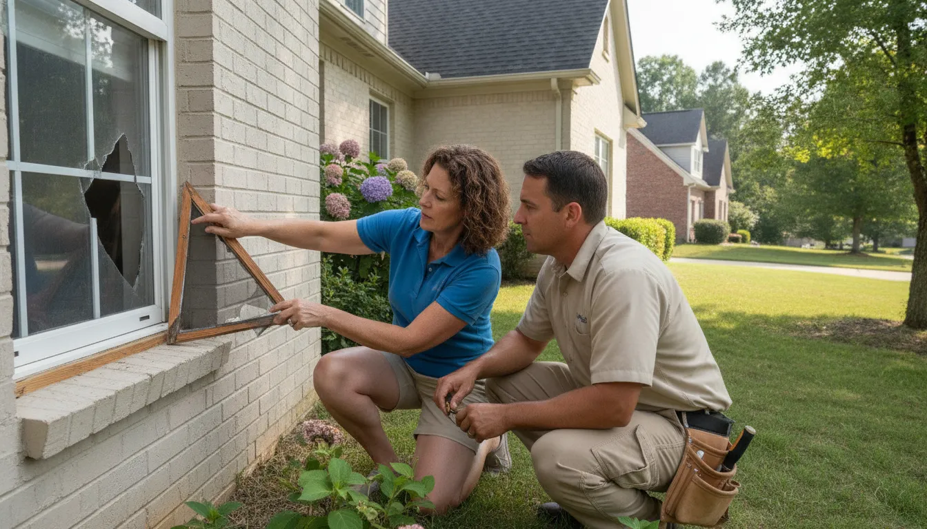 Georgia homeowner and exterior specialist assessing a damaged window screen