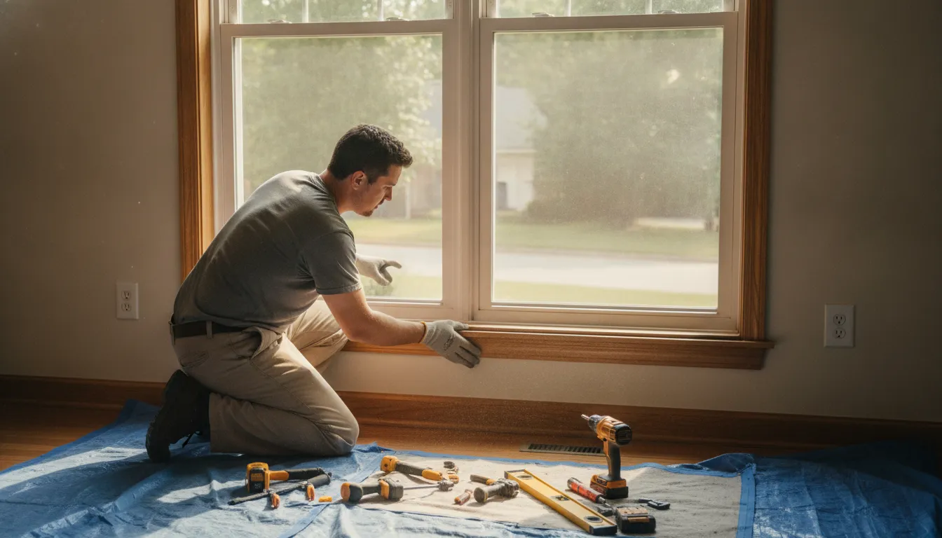Professional installer fitting a replacement window at a Georgia home