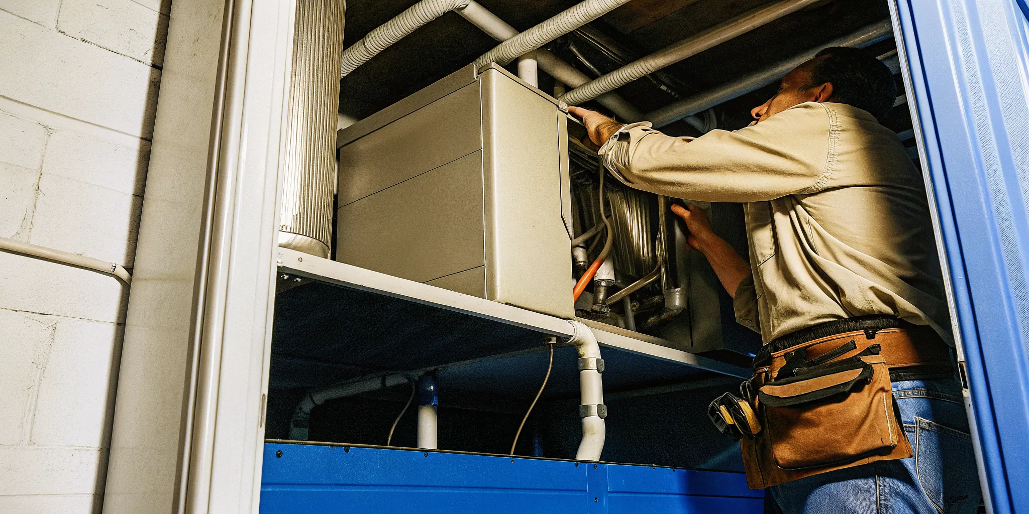 HVAC technician inspecting a gas furnace in a residential utility closet for routine maintenance in San Antonio