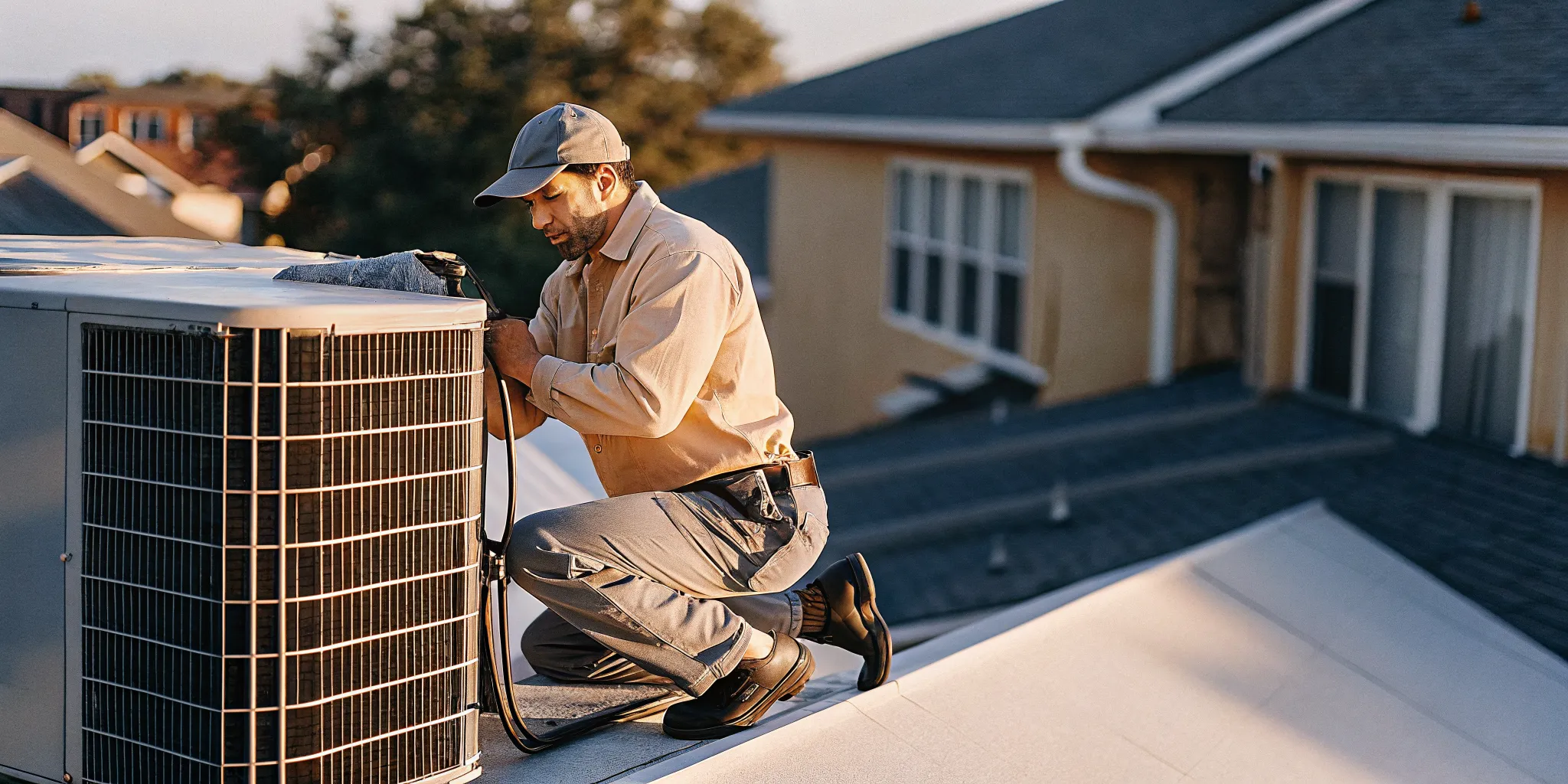 Professional HVAC technician inspecting air conditioning equipment at a San Antonio residential property
