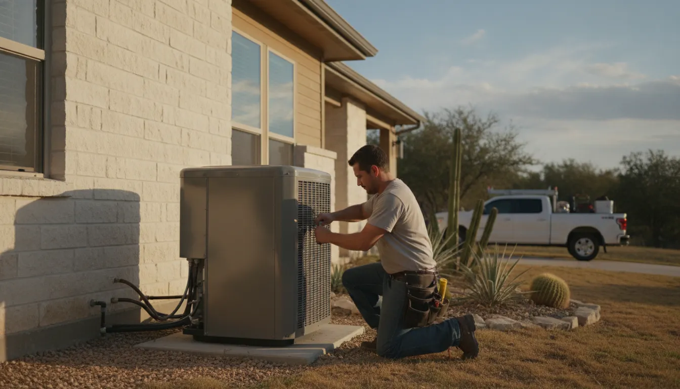HVAC technician installing a qualifying air source heat pump outdoors beside a Texas home