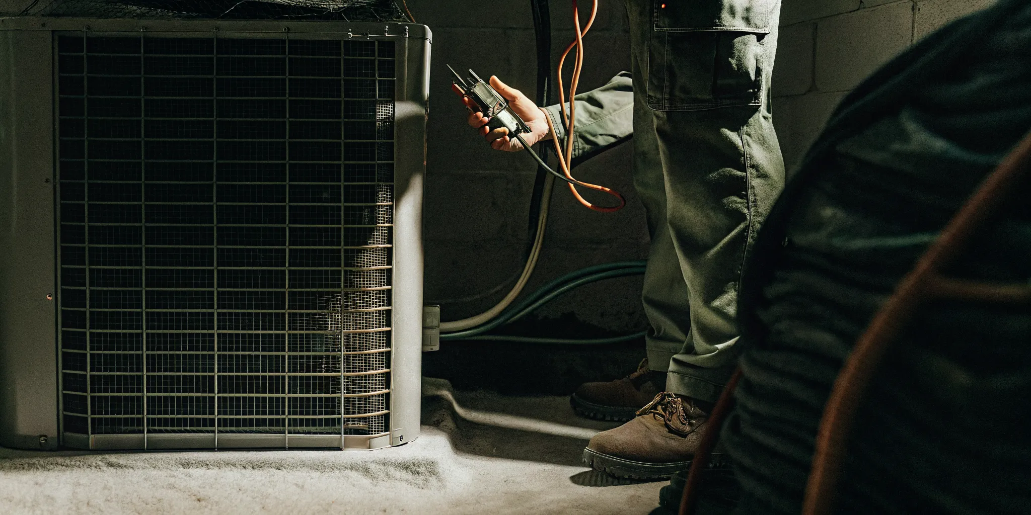 HVAC technician checking thermostat wiring connections at the air handler in a home utility closet