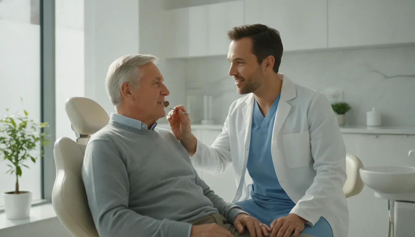 Older adult receiving a calm dental evaluation before discussing tooth replacement options