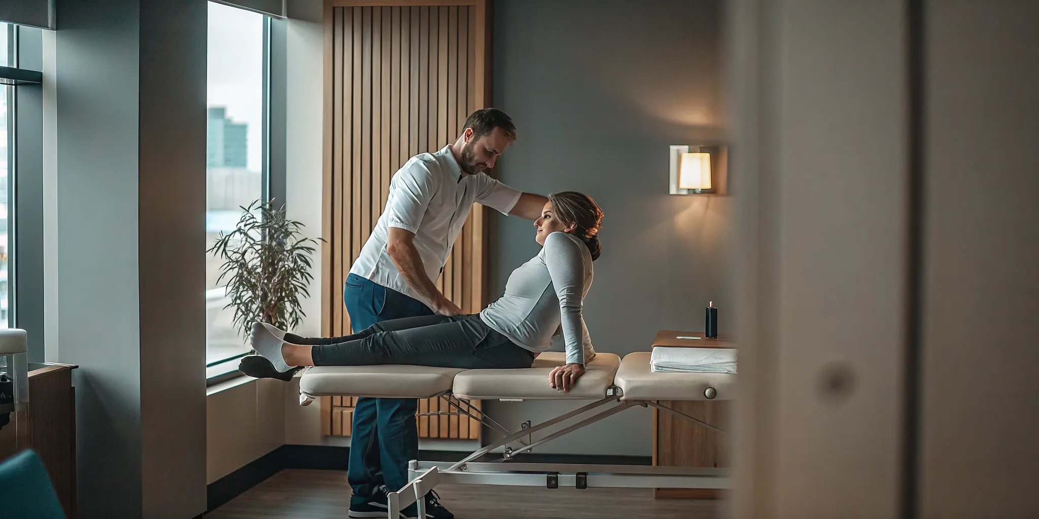 Ontario worker in a physiotherapy clinic performing a rehabilitation exercise under therapist guidance
