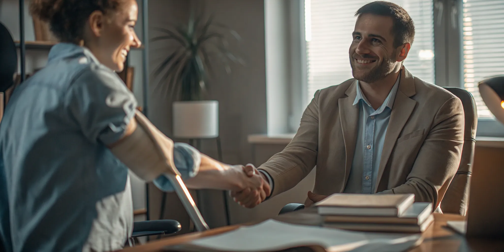An injured worker speaking with a supportive WSIB representative in a bright Ontario office