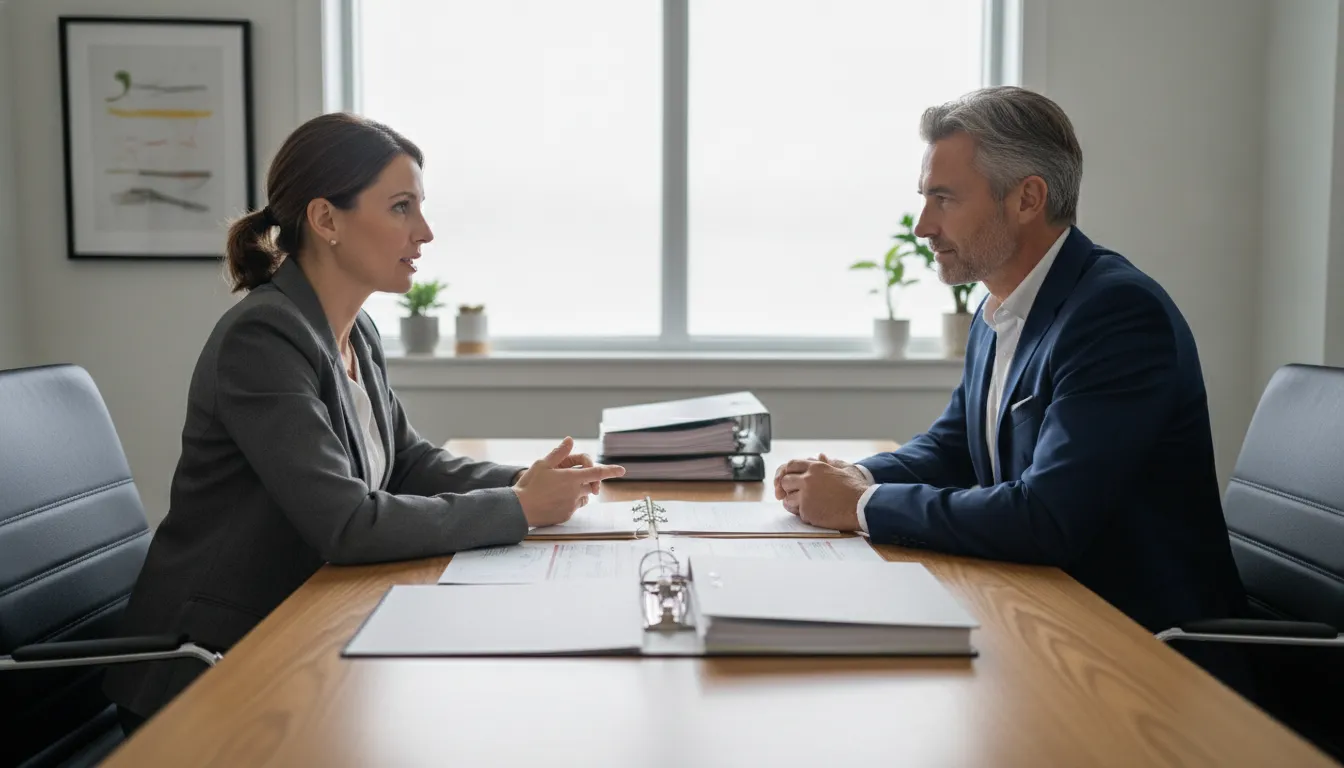 Worker discussing a later health condition and earlier workplace injury with a representative