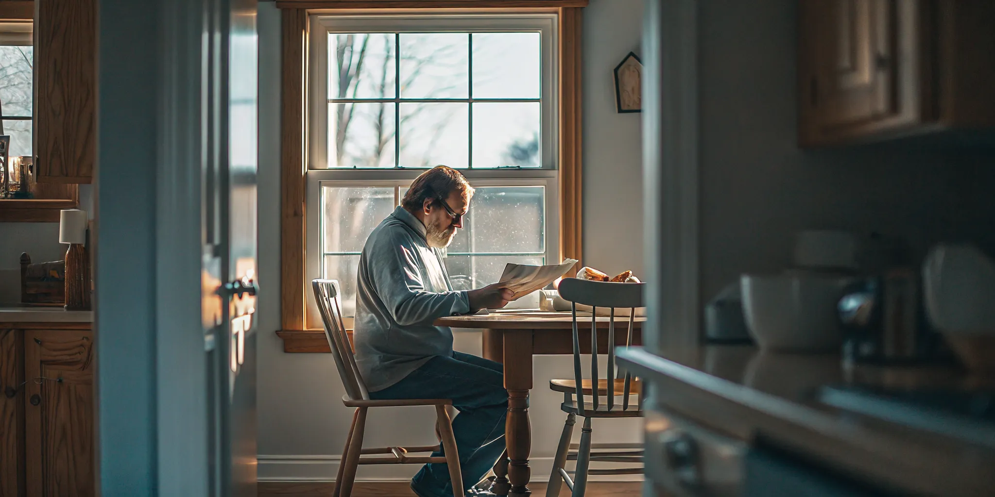 Ontario senior worker reviewing WSIB retirement pension documents at a kitchen table in natural daylight