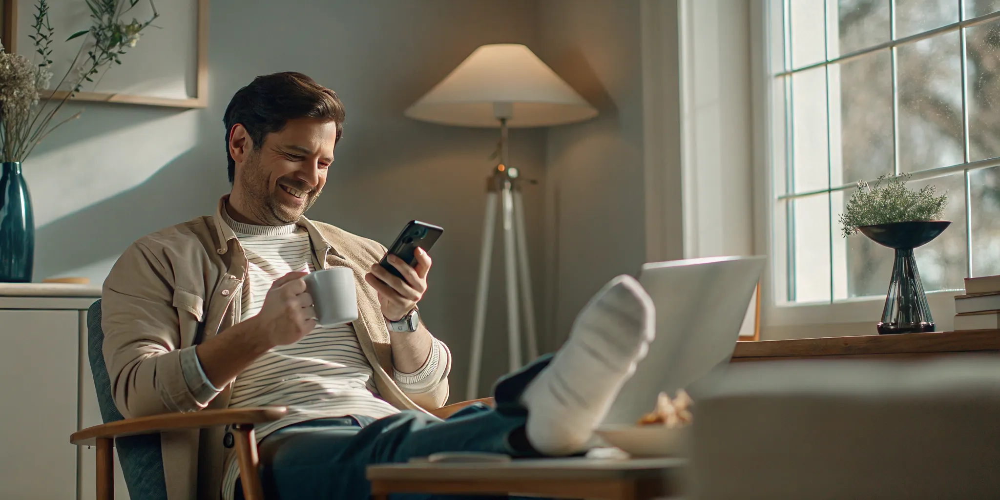 Injured worker checking a bank app for a direct deposit payment at home