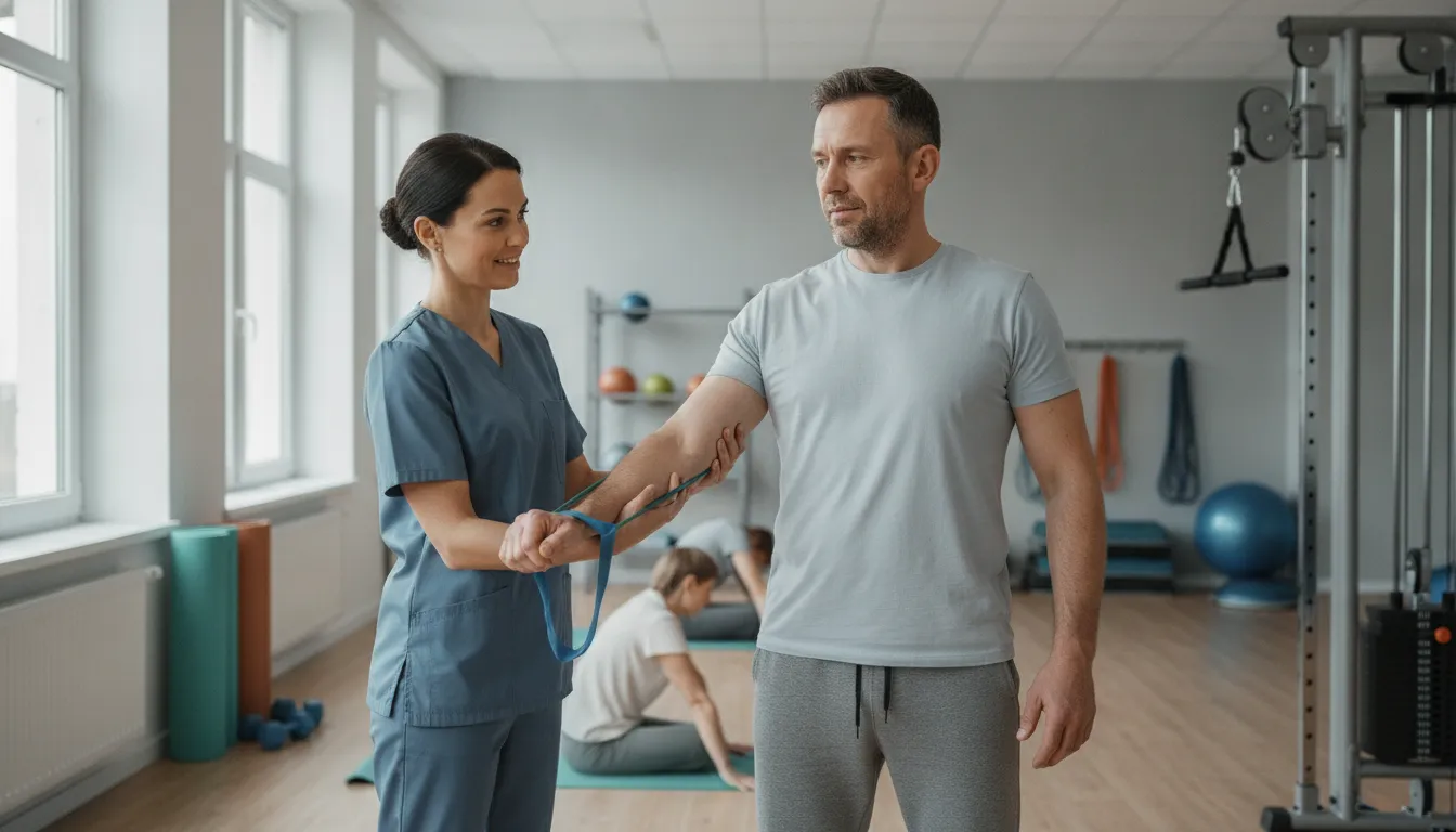 Physiotherapist guiding an injured worker through safe mobility exercises during return to work