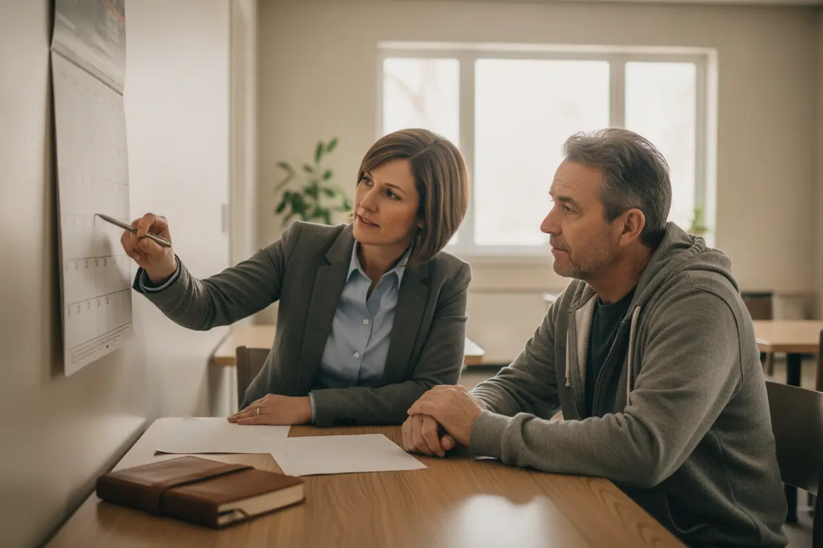 Union steward and injured worker reviewing WSIB-related papers together