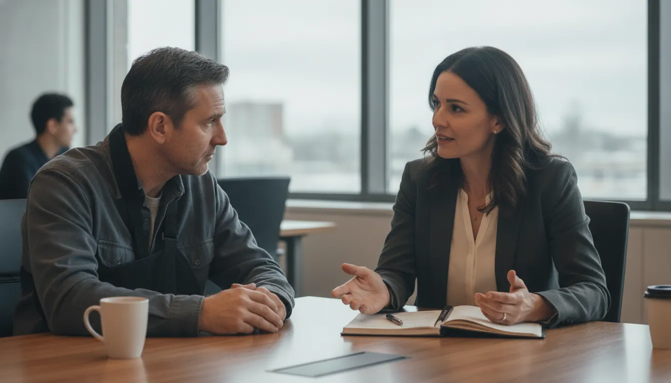 Union steward organizing workplace injury records with a worker