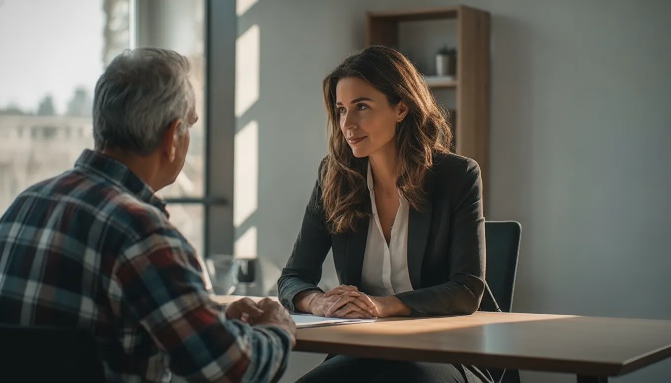 Worker speaking with a legal representative about a workplace injury claim