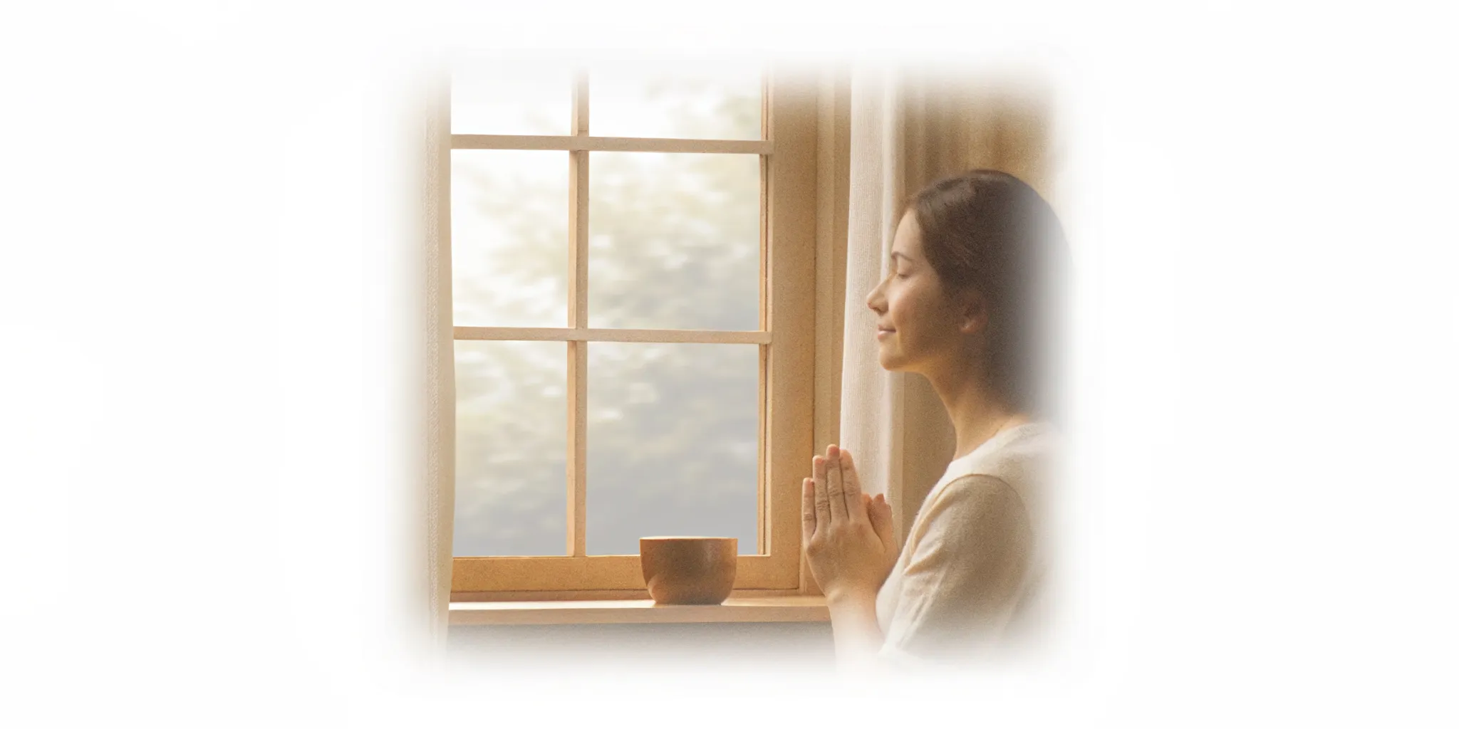 Woman practicing slow breathing in a calm home setting