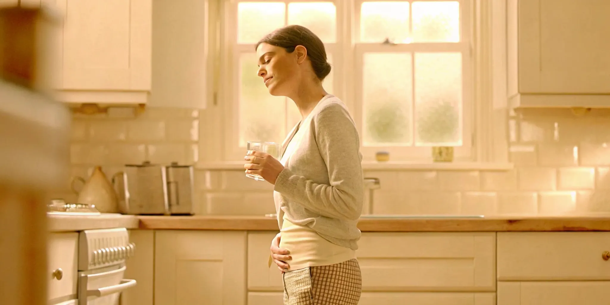 Calm woman standing in a bright kitchen holding a glass of water, representing postbiotic digestive wellness and bloating relief