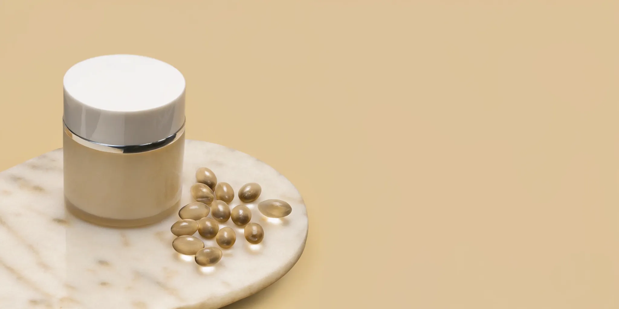 Sleek jar of SecondKind Gut Balance supplement on a clean marble surface