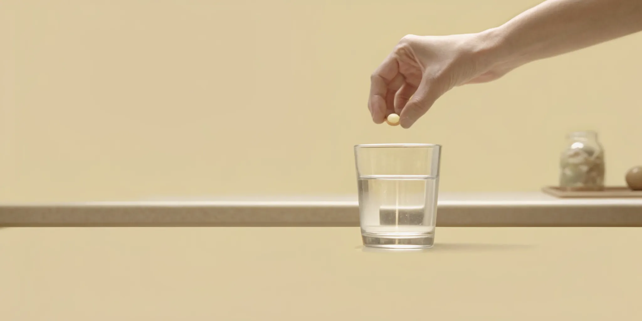 Person taking a postbiotic supplement capsule with water in a sunlit modern kitchen
