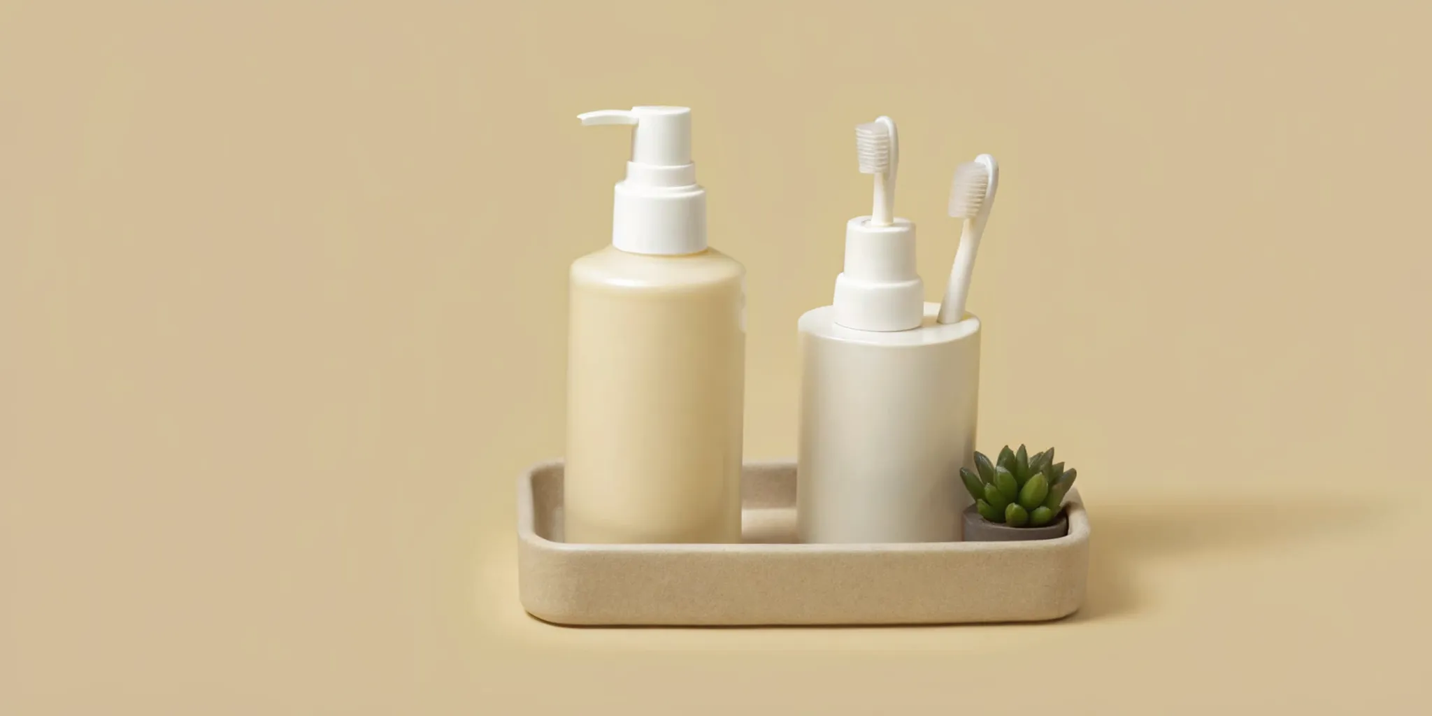 Supplement bottles arranged on a bathroom counter for morning and evening wellness routine